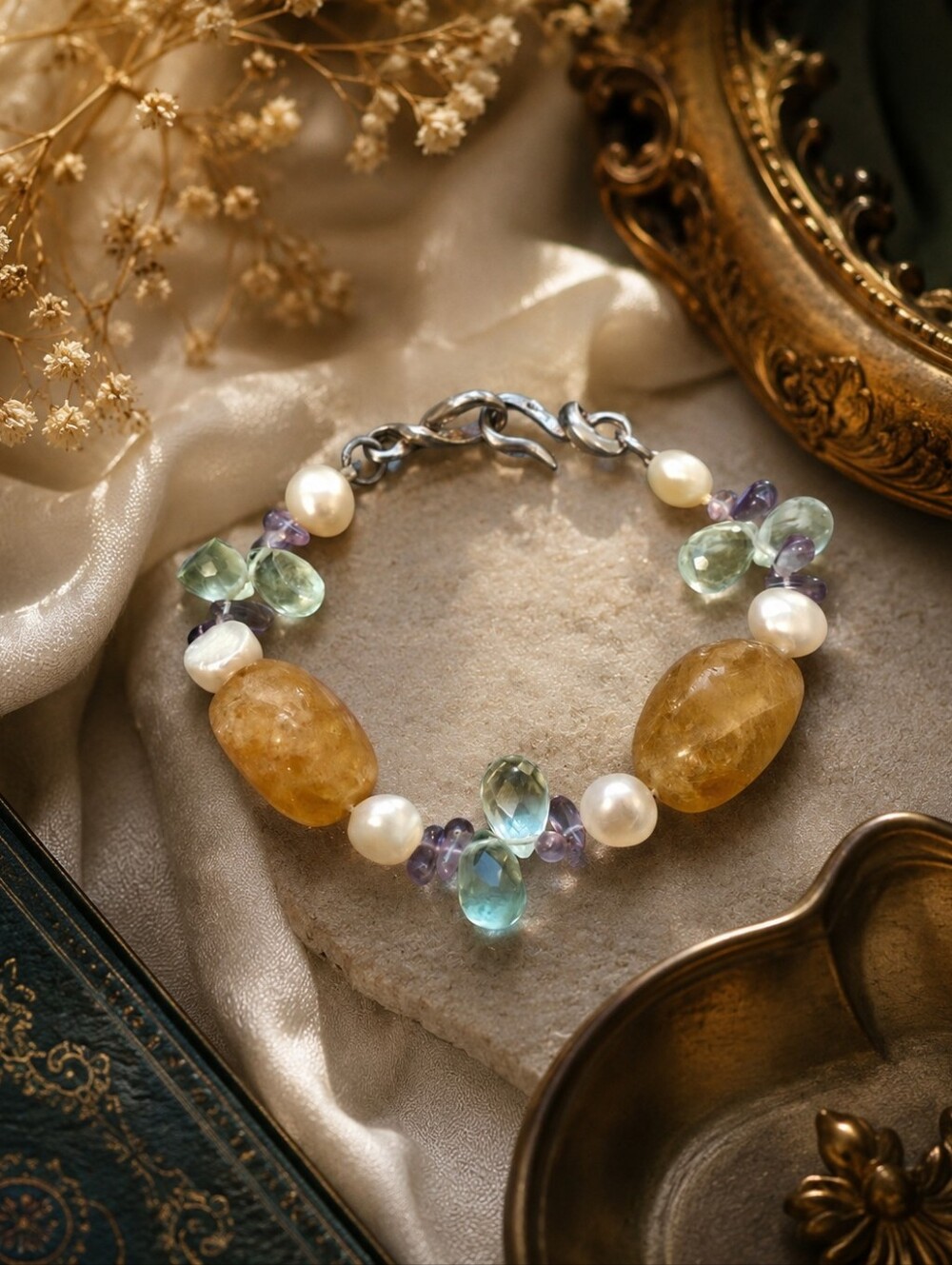 Citrine Amethyst And Pearl 925 Sterling Silver Multi-Gemstone Toggle Bracelet